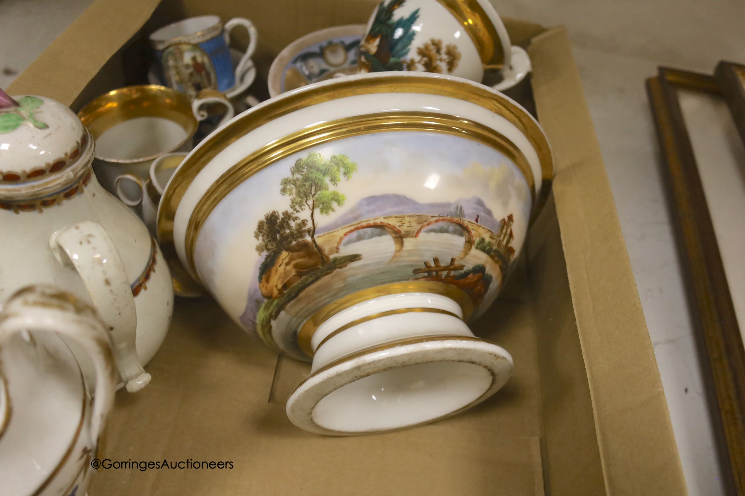 A French porcelain part tea set and other china, some damage